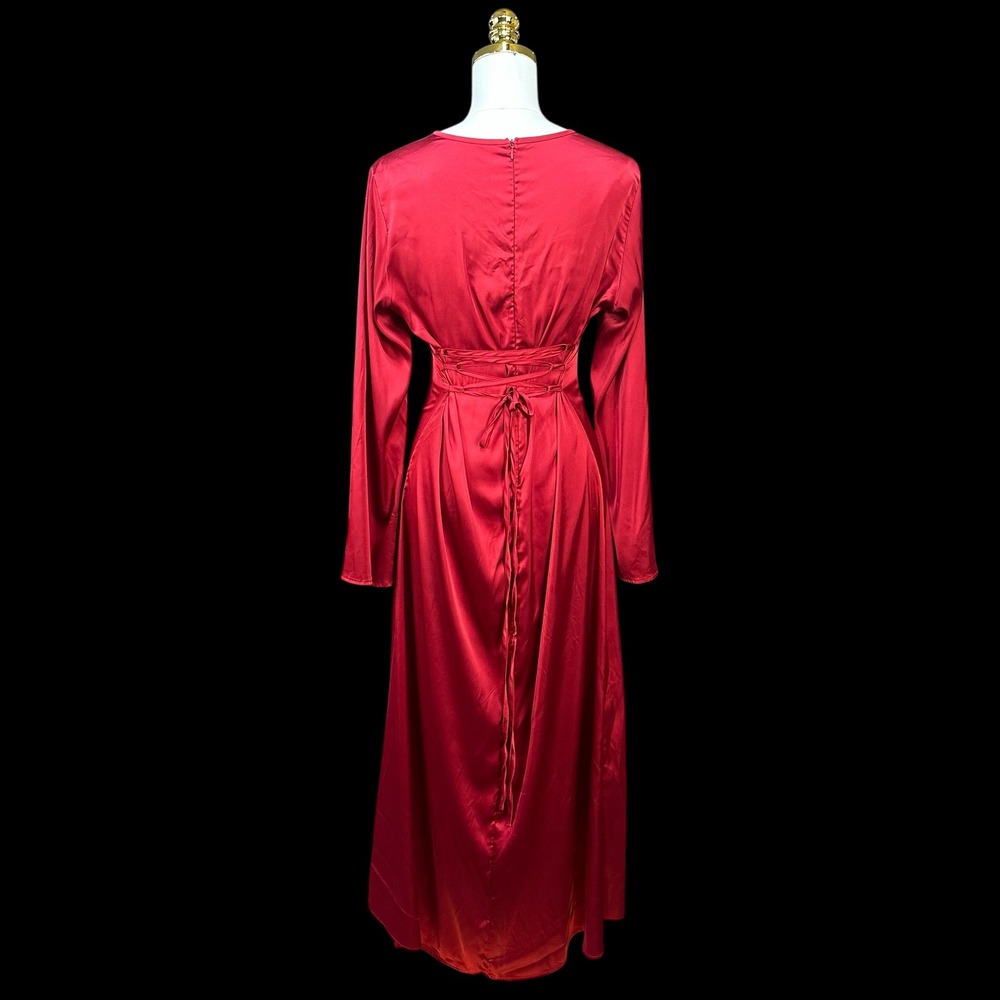 Red Satin Long Sleeve Maxi Dress Lace Up Corset Back Evening Gown Formal - Picture 5 of 9